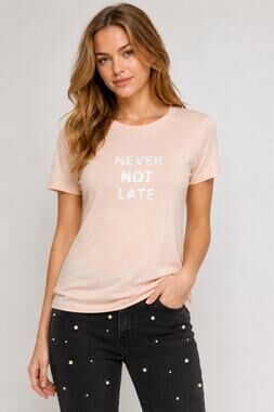 Bow & Drape Never Not Late Sequin Graphic Tee Blush Pink S/S T-Shirt NWT size L